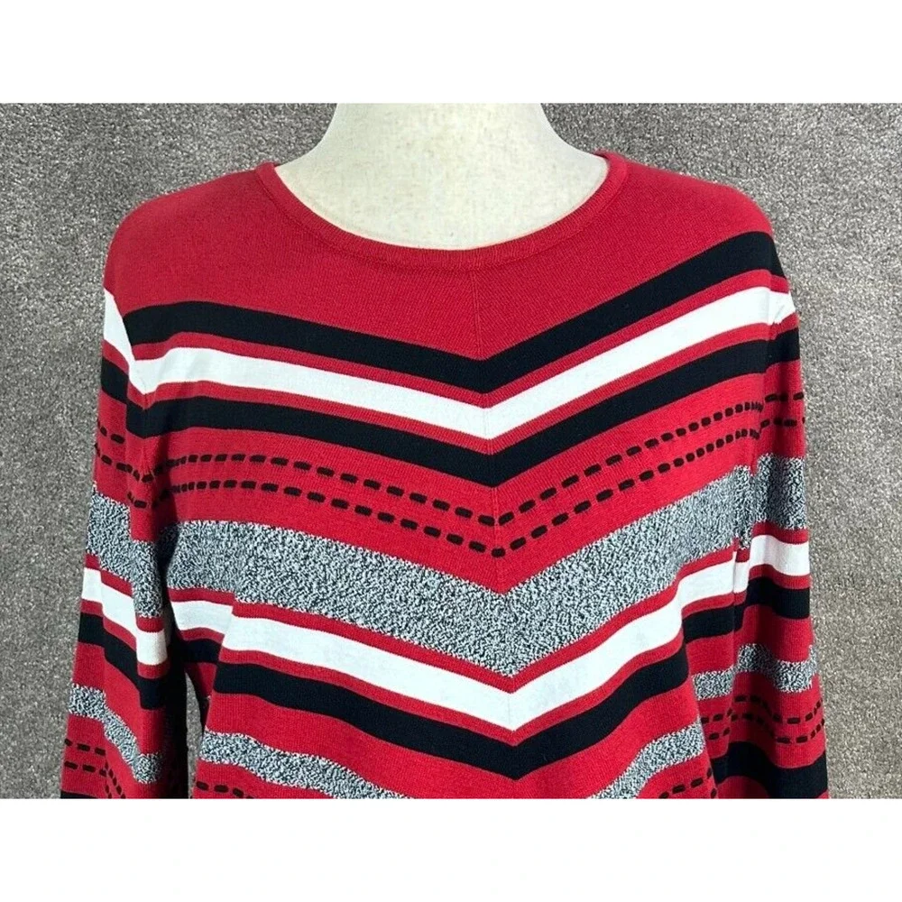 Alfred Dunner Sweater Womens XL Red Gray‎ Stripe Pullover 3/4 Sleeve Round Neck